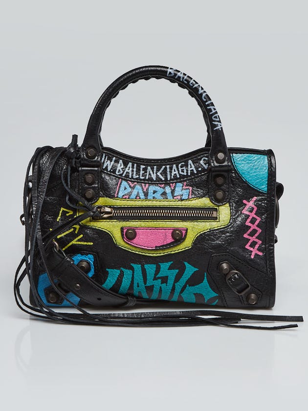 Balenciaga Black/Multicolor Lambskin Leather Graffiti Mini City Bag