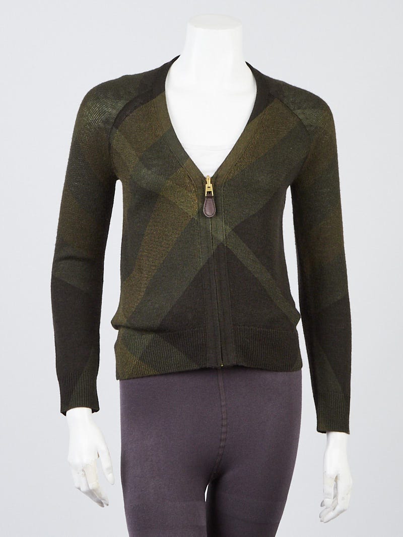 Burberry Green Plaid Wool Cashmere Blend Zip Cardigan Size XS