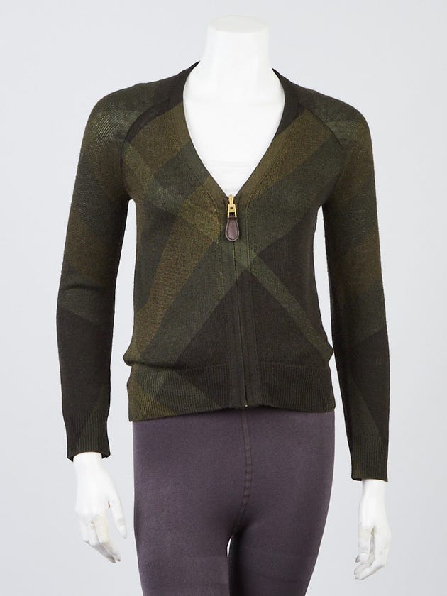 Burberry Green Plaid Wool Cashmere Blend Zip Cardigan Size XS