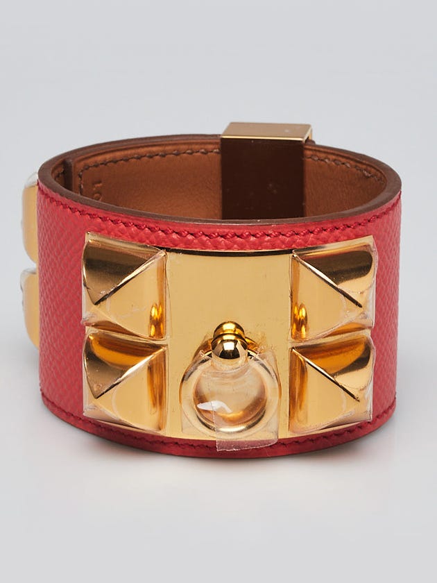 Hermes Rose Jaipur Epsom Leather Gold Plated Collier de Chien Bracelet Size S