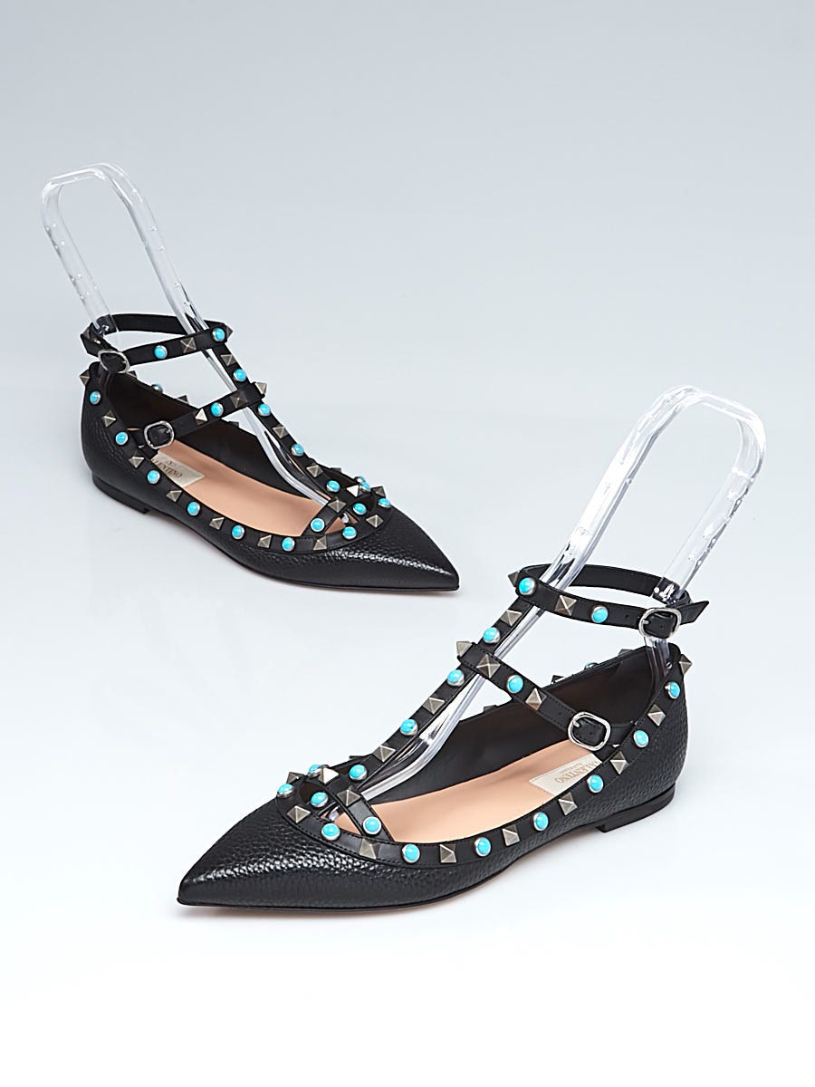 Valentino Black Pebbled Leather Turquoise Rockstud Cage Flats Size 6.5/37