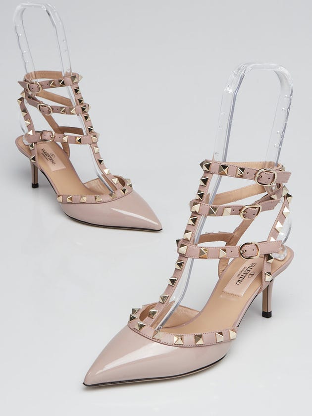 Valentino Nude Patent Leather Rockstud T-Strap Kitten Heels Size 4.5/35