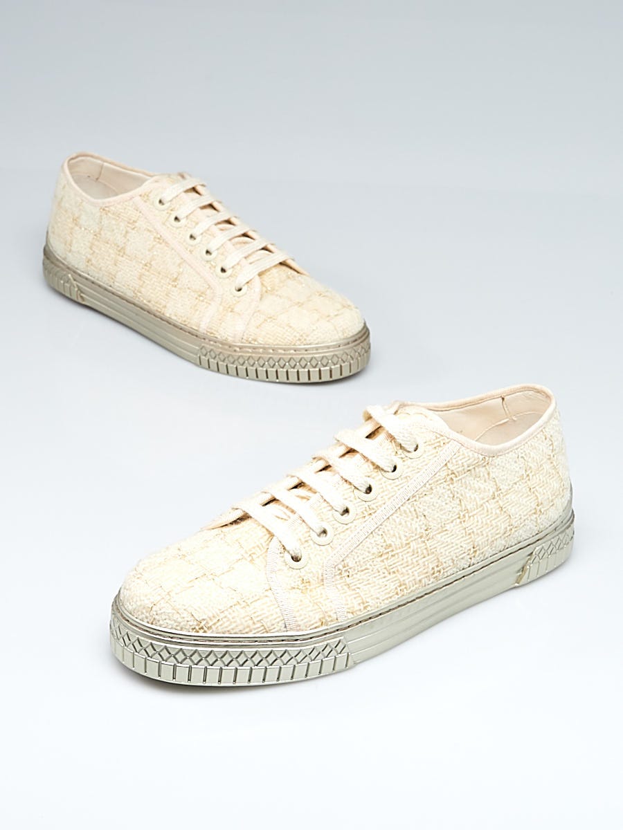 Chanel Gold and Ecru Tweed CC Sneakers Size 7.5/38 - Yoogi's Closet