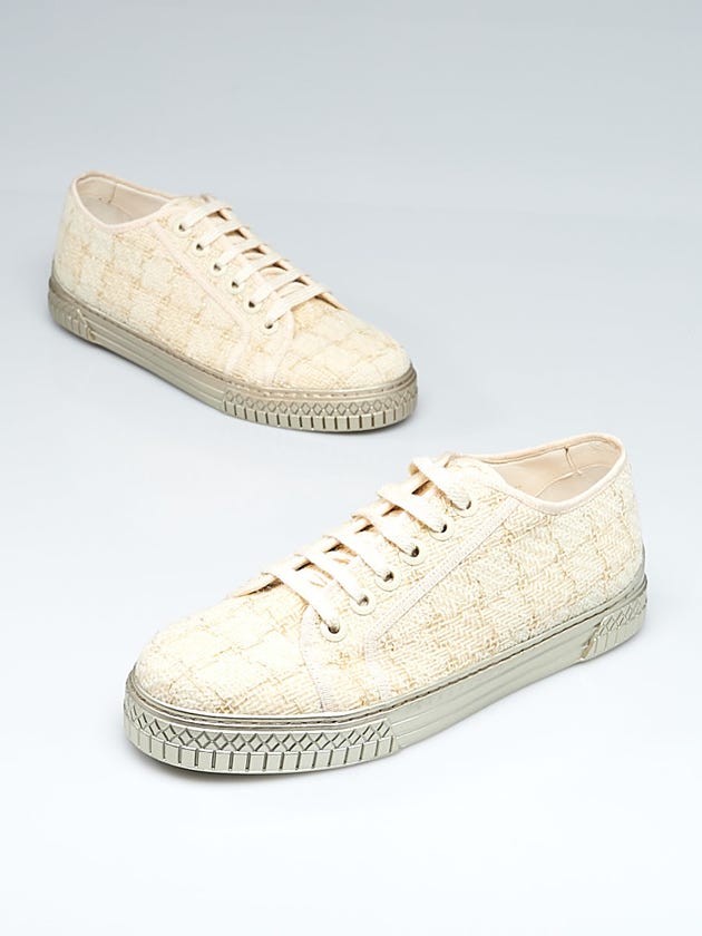 Chanel Gold and Ecru Tweed CC Sneakers Size 7.5/38