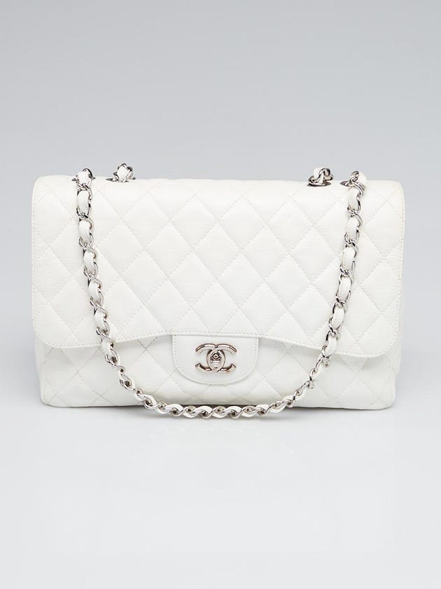 Chanel White Quilted Caviar Leather Classic Single Jumbo Flap Bag