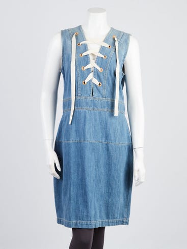 Gucci Light Blue Denim Lace-Up Sleeveless Dress Size 14/48 | Yoogi's Closet Gucci Light Blue Denim Lace-Up Sleeveless Dress Size 14/48 | Yoogi's Closet