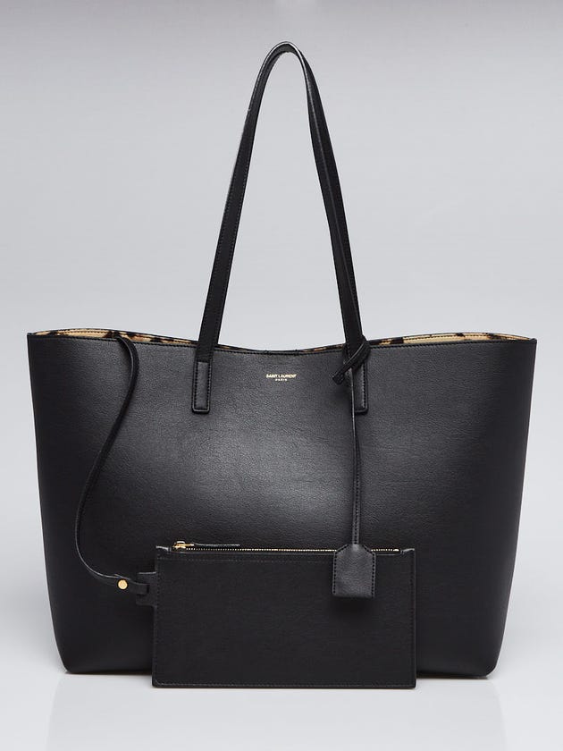 Yves Saint Laurent Black Calfskin Leather Leopard Print Large Tote Bag