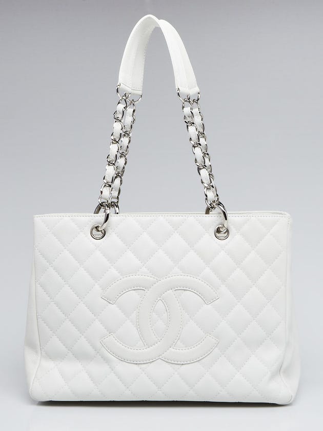 Chanel White Quilted Caviar Leather Grand Shopping Tote Bag