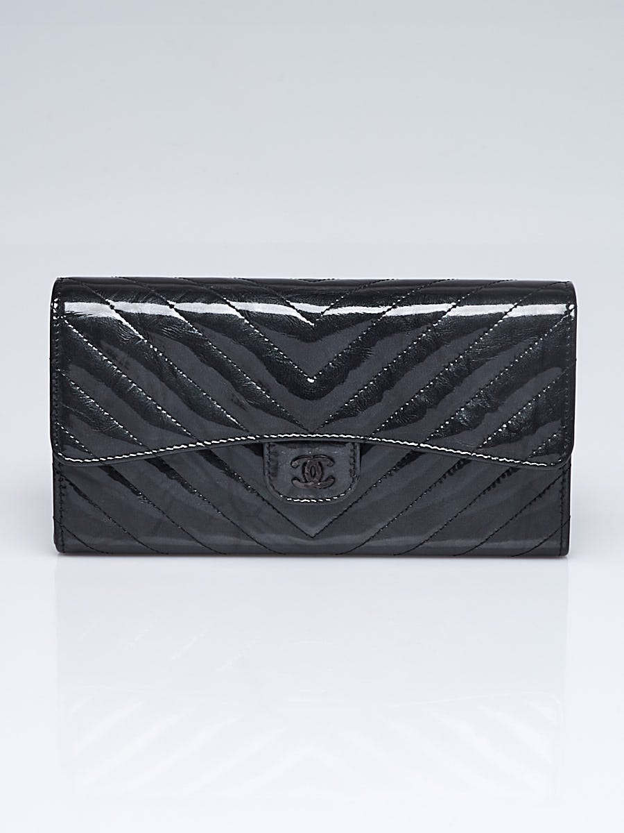 Chanel Iridescent Black Chevron Quilted Patent Leather L Flap Wallet