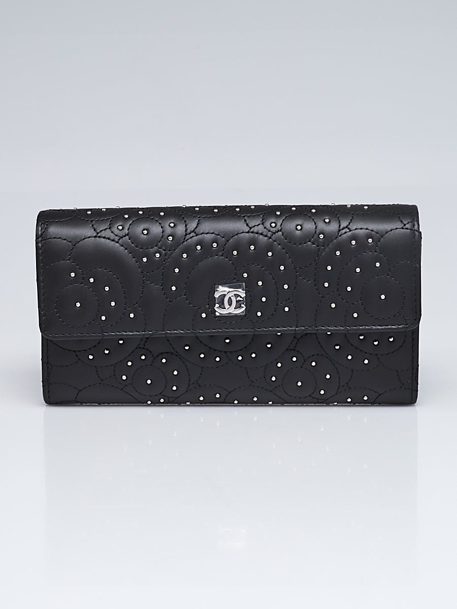 Chanel Black Camellia Embroidered Studded Calfskin Leather L Flap Wallet