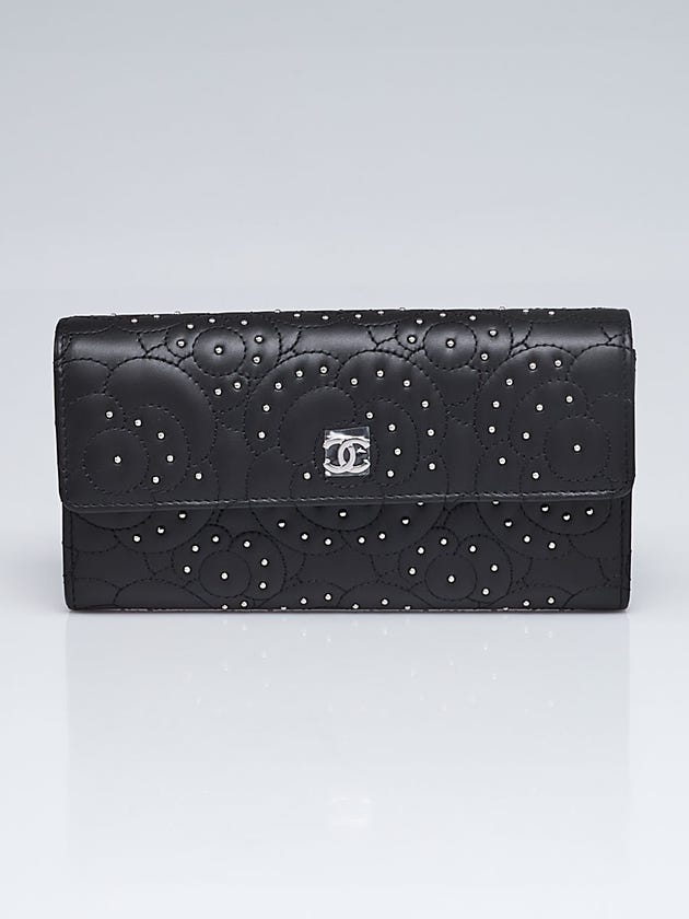 Chanel Black Camellia Embroidered Studded Calfskin Leather L Flap Wallet