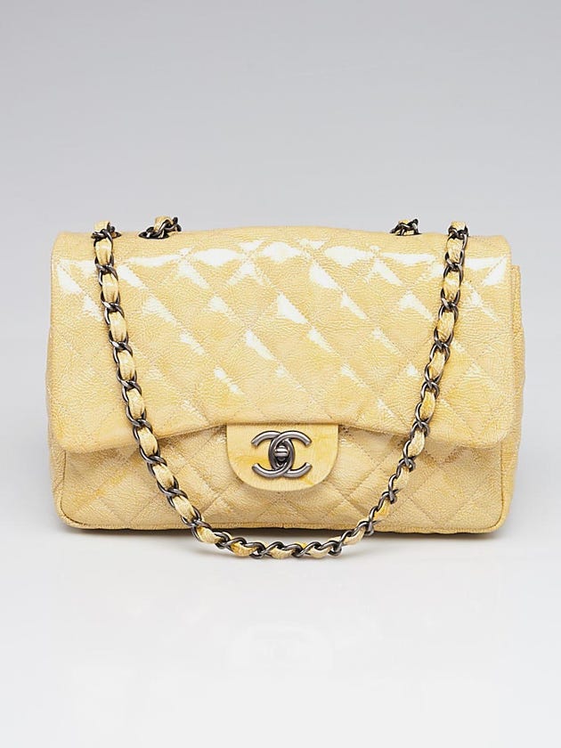 Chanel Light Beige Quilted Crinkled Patent Leather Classic Jumbo Single Flap Bag