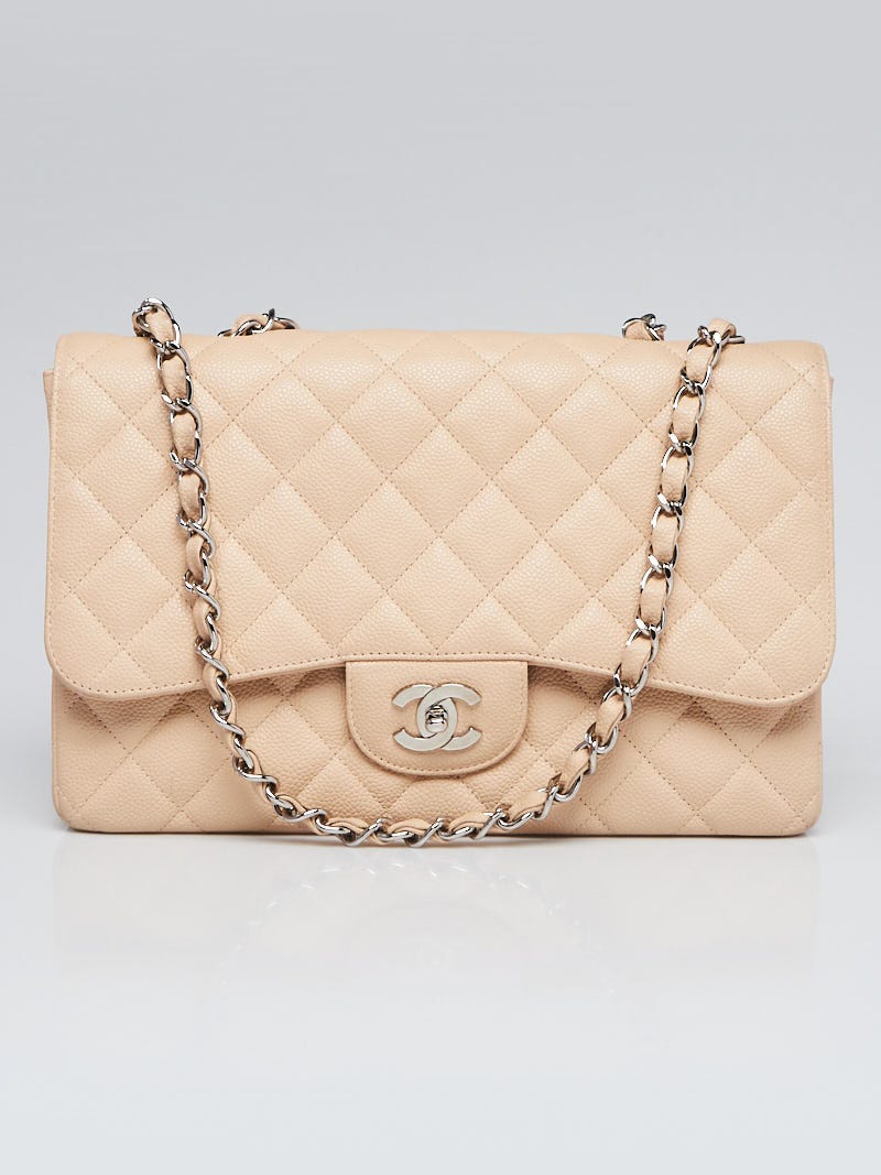 Chanel Beige Clair Quilted Caviar Leather Classic Jumbo Single