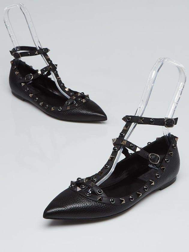 Valentino Black Leather Rockstud Cage Flats Size 8/38.5