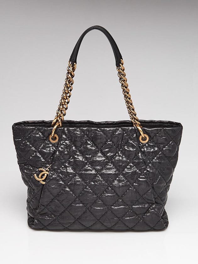 Chanel Black Quilted Glazed Caviar Leather Coco Pleats Chain Shopping Tote Bag