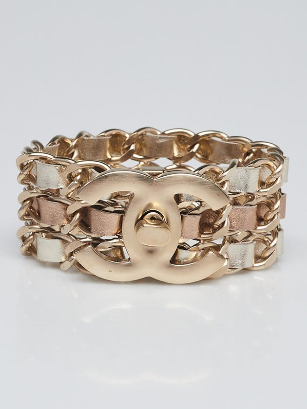 Chanel Goldtone Leather Entwined Chain Turnlock Bracelet