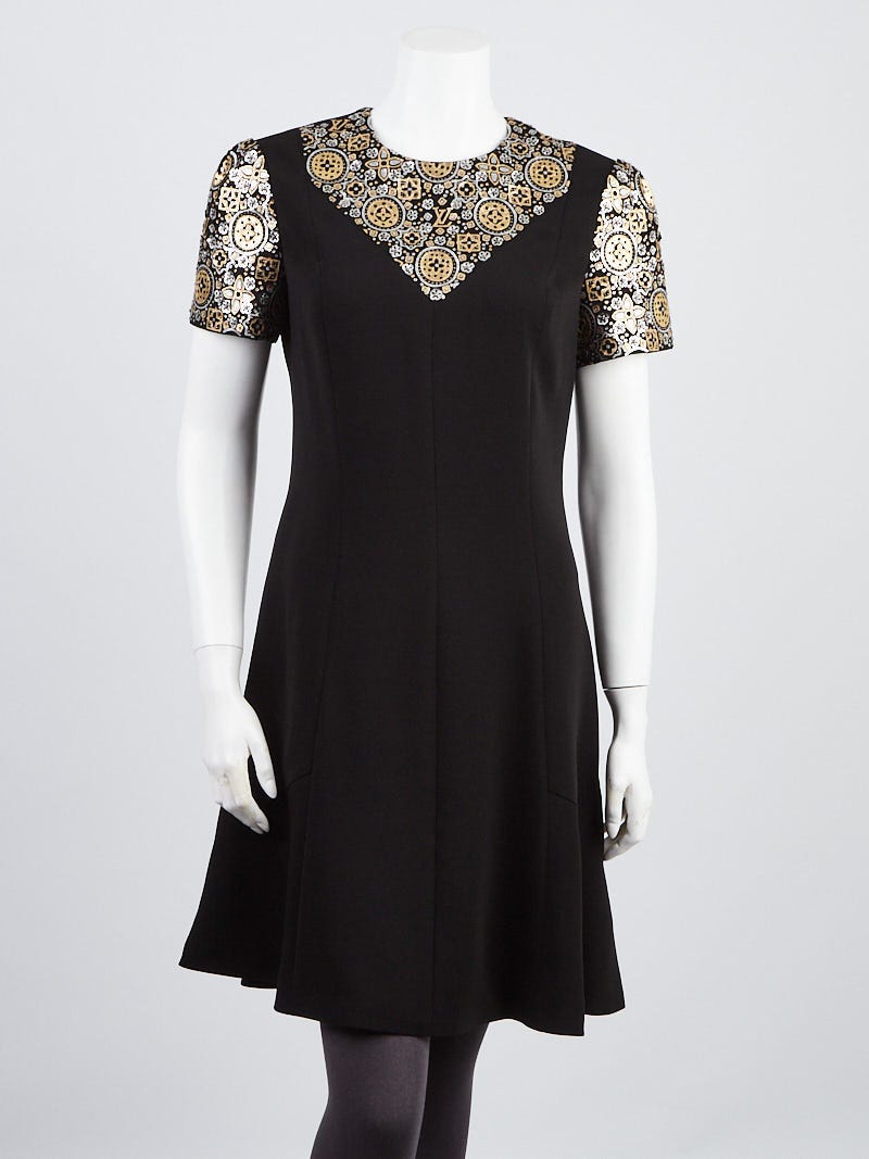 Louis Vuitton Black/Gold Embroidered Monogram Short-Sleeve Dress Size 4/38  - Yoogi's Closet