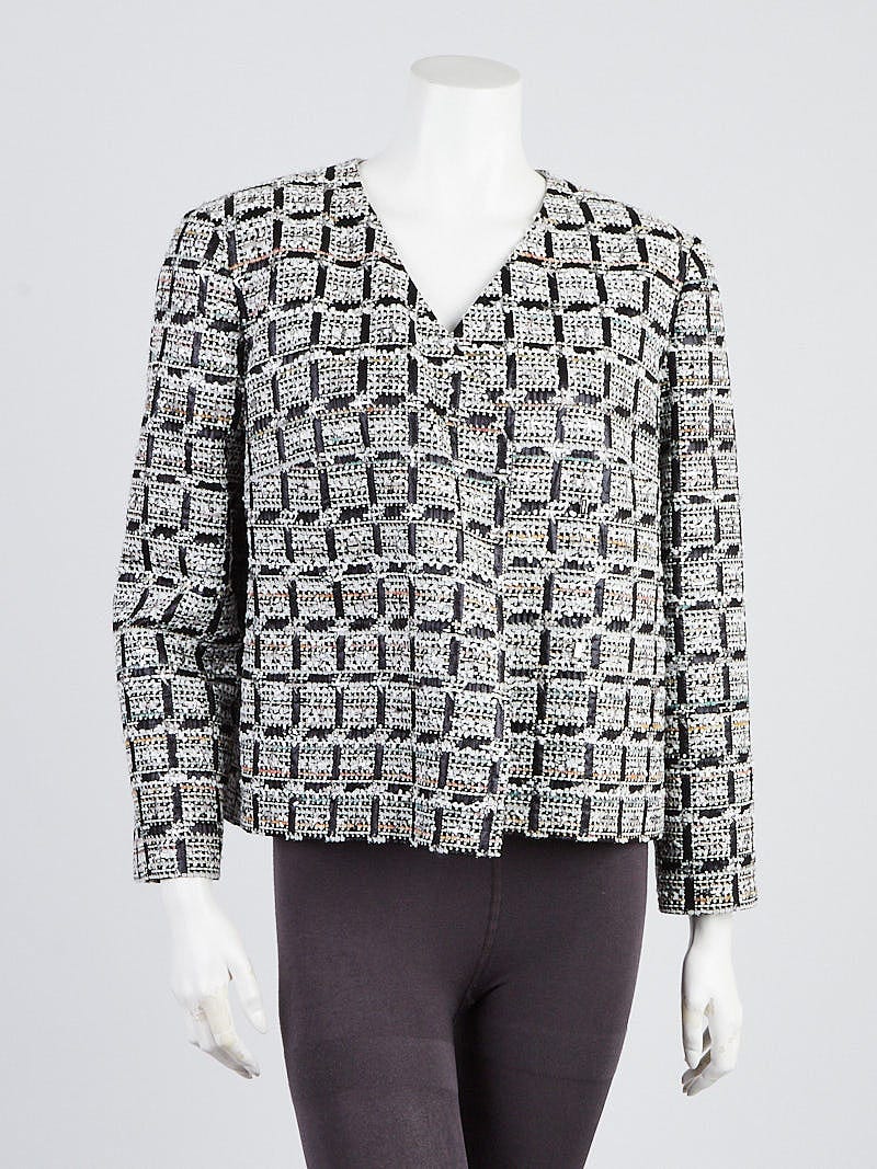 Chanel Black/White Nylon/Silk/Polyester Blend Tweed Jacket Size 10