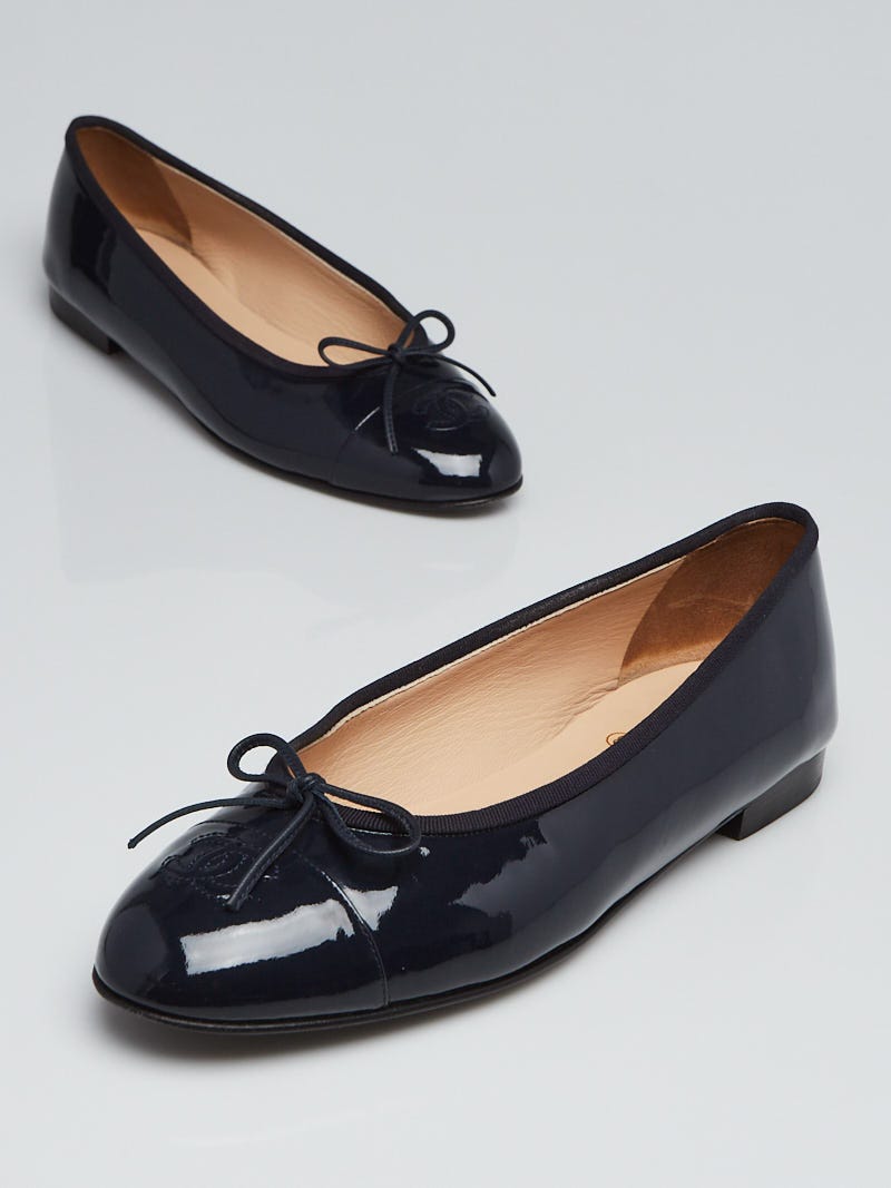 Chanel Marine Fonce Patent Leather Cap Toe Ballet Flats Size 10/40.5 -  Yoogi's Closet