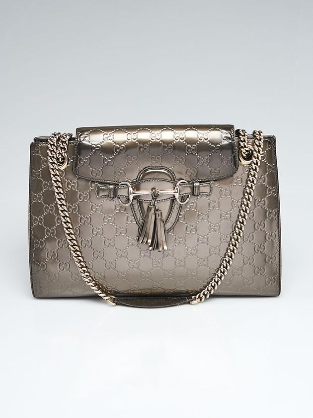 Gucci Dark Grey Guccissima Patent Leather Emily Original Chain Large Shoulder Bag