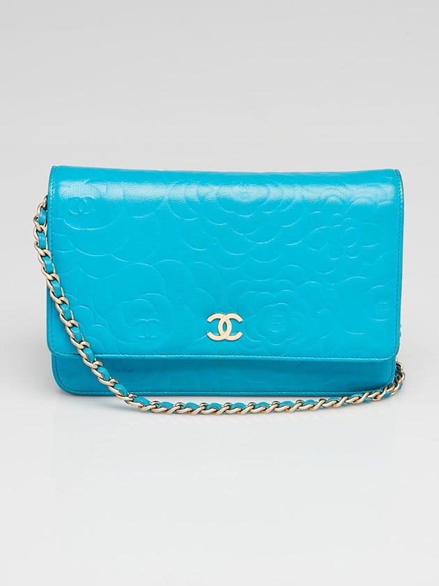 Chanel Blue Camellia Embossed Lambskin Leather WOC Clutch Bag