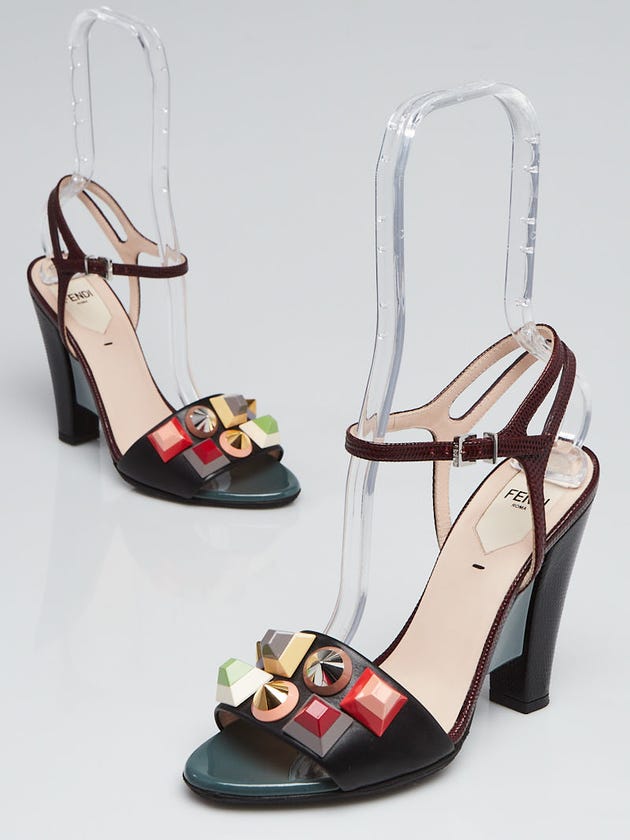 Fendi Black/Burgundy Leather Plexiglas Studded Open Toe Heels Size 6.5/37