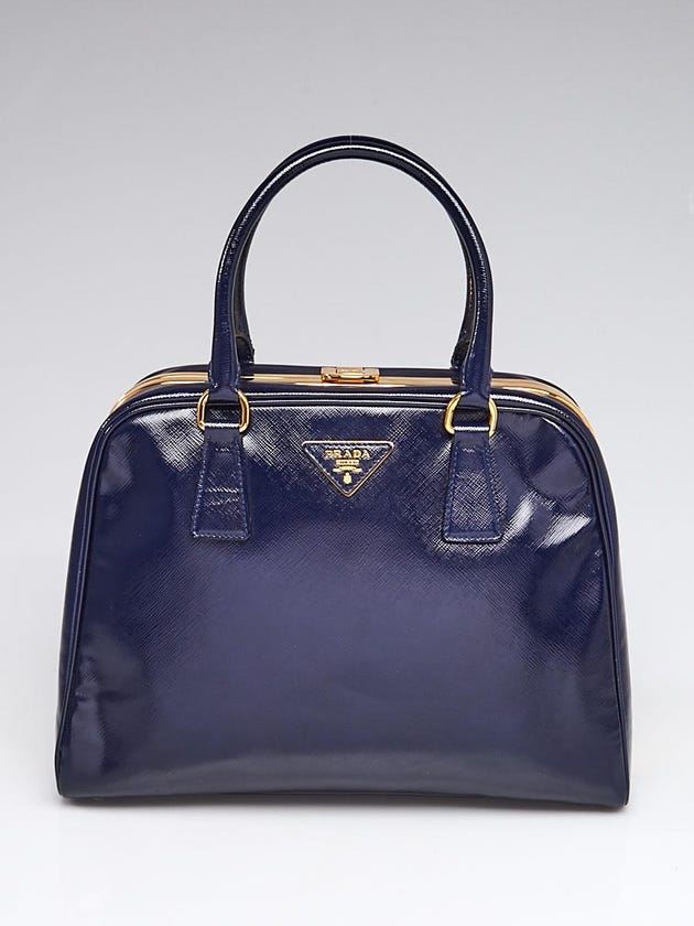 Prada Royal Blue Saffiano Vernice Leather Frame Top Bag BL0808
