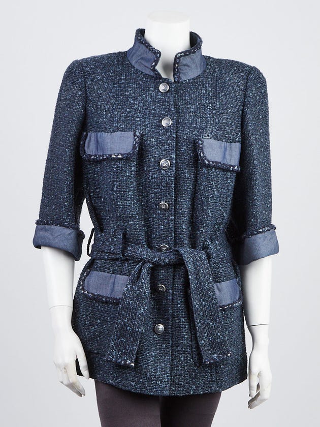 Chanel Blue Cotton Tweed Blend Belted Long Jacket Size 14/46