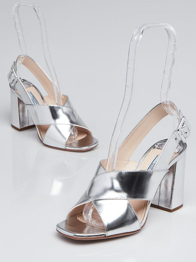 Prada Silver Leather Open Toe Sandals Size 7/37.5