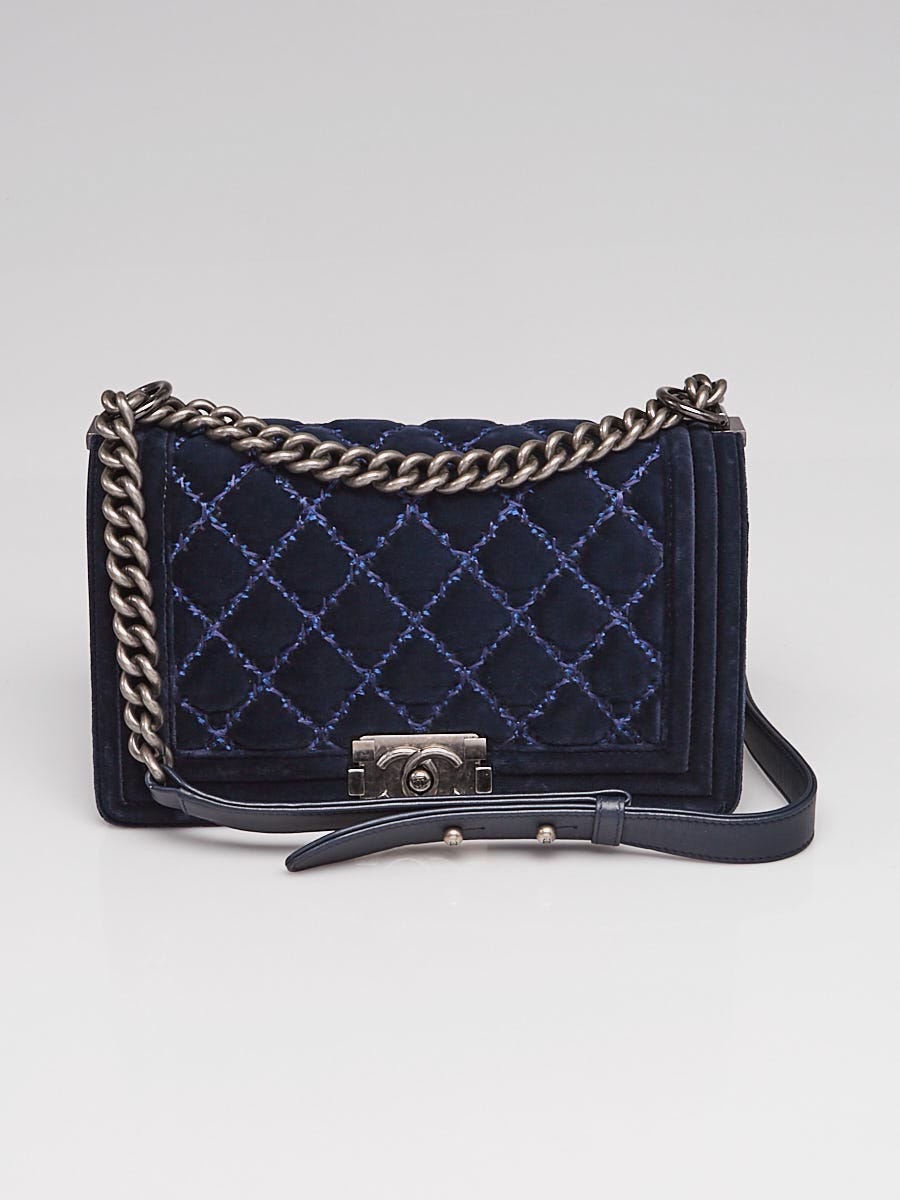 Chanel Navy Blue Stitch Quilted Velvet Medium Boy Bag - Yoogi's Closet