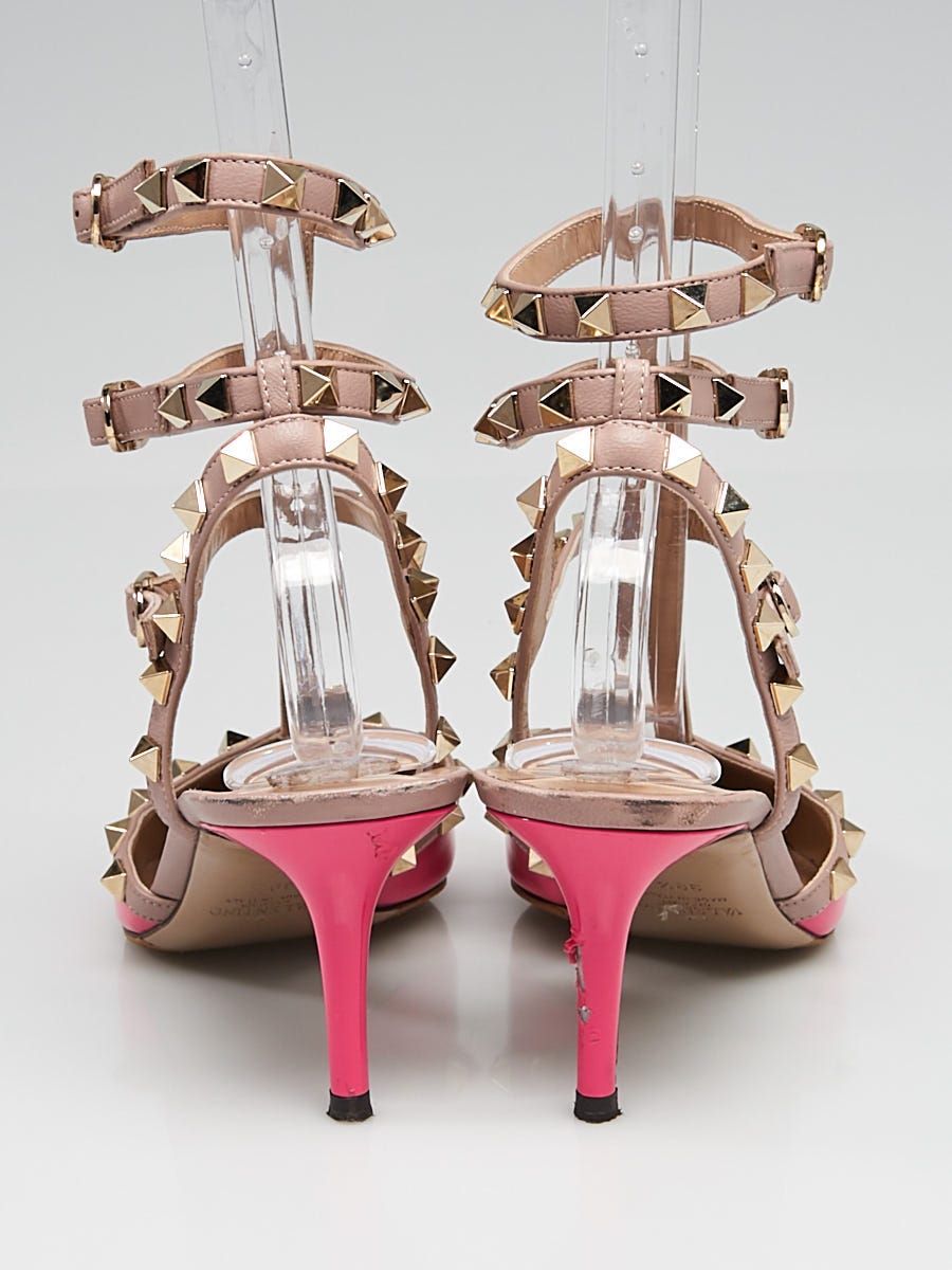 Valentino Pink Patent Leather Rockstud T-Strap Kitten Heels Size 9