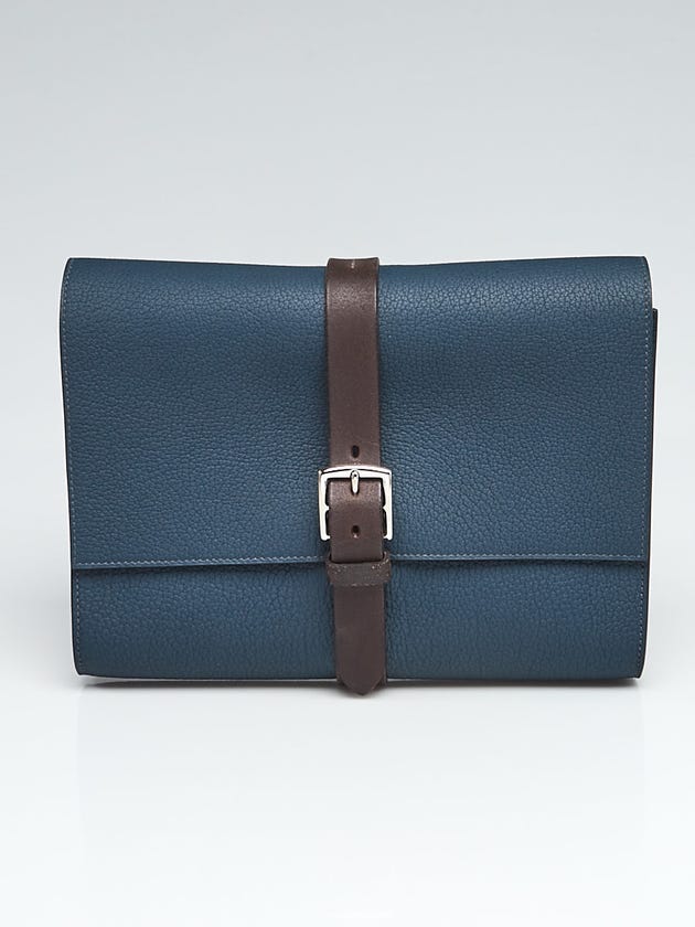 Hermes 29cm Prussian Blue Negonda Leather Palladium Plated Etriviere II Folder Jungle Clutch Bag