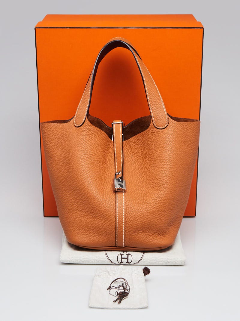 Hermes 22cm Bi-Color Toffee/Bordeaux Clemence and Swift Leather Palladium  Plated Picotin Bag - Yoogi's Closet