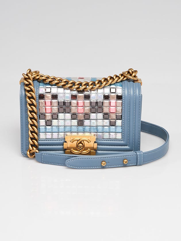 Chanel Light Blue Quilted Lambskin Leather Mosaic Small Boy Bag