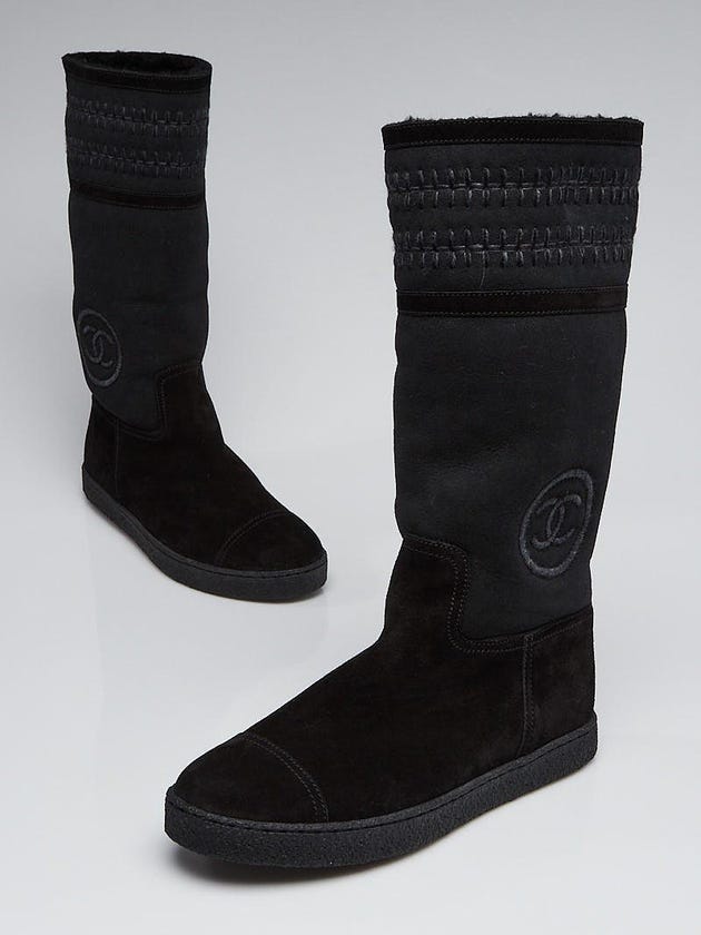 Chanel Black Suede/Shearling Flat Boots Size 8/38.5