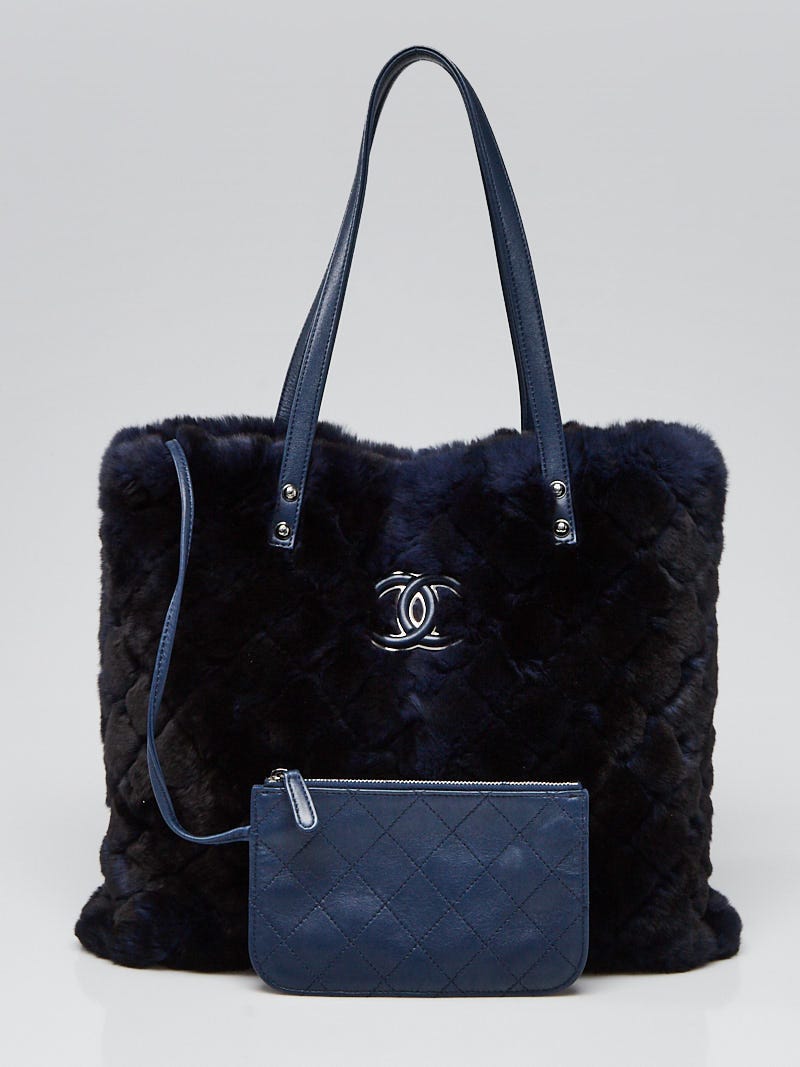 Chanel Navy Blue Quilted Orlyag Fur CC Tote Bag