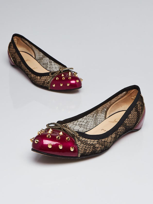 Christian Louboutin Cranberry Patent Leather and Black Lace Candy Studded Flats Size 10/40.5