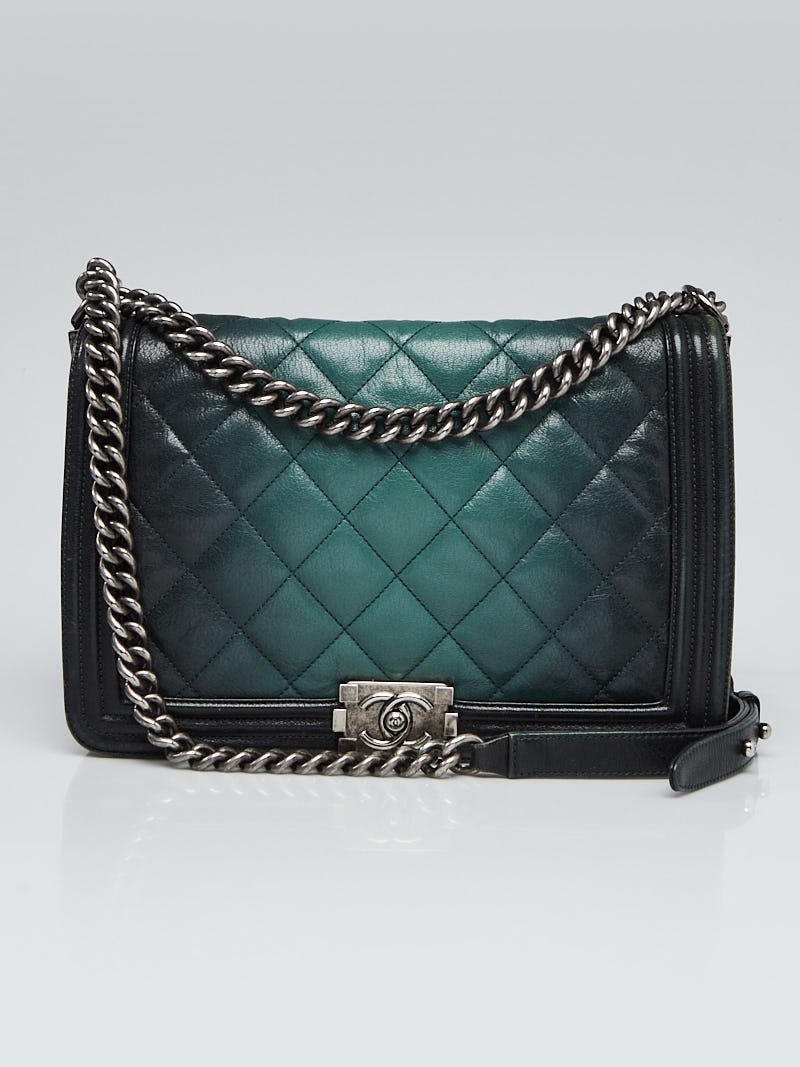 Chanel Bag Dark Green Ombre Quilted Glazed Leather Large Boy Authentic  Auction
