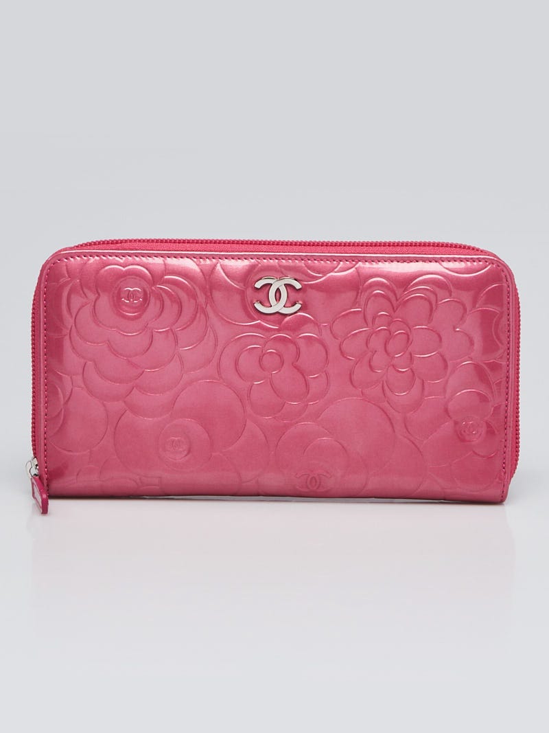 Chanel Pink Camellia Embossed Patent Leather L Zip Wallet - Yoogi's Closet