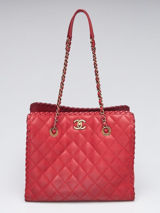 Chanel Red Quilted Iridescent Scalloped Leather Large Shopping Tote Bag