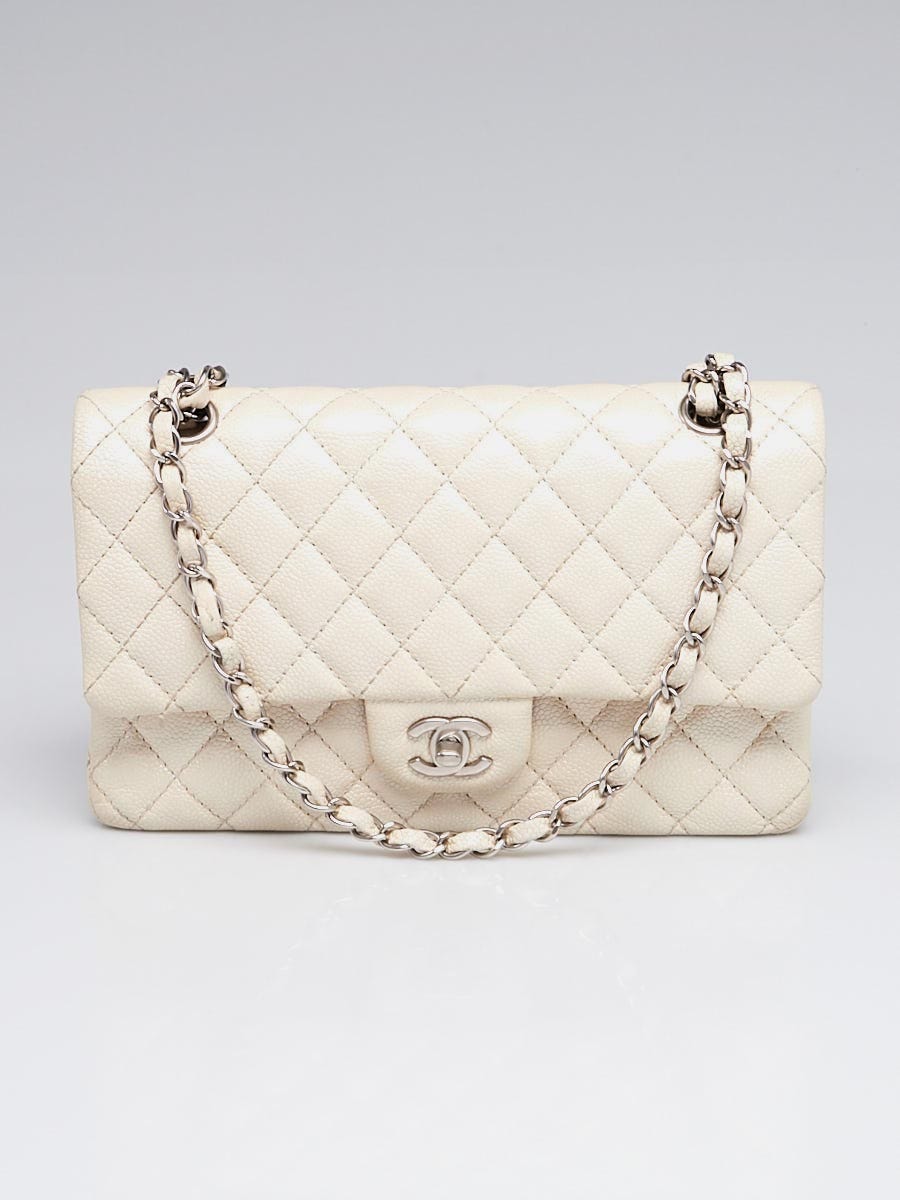 Chanel Metallic White Quilted Caviar Leather Classic Medium Double