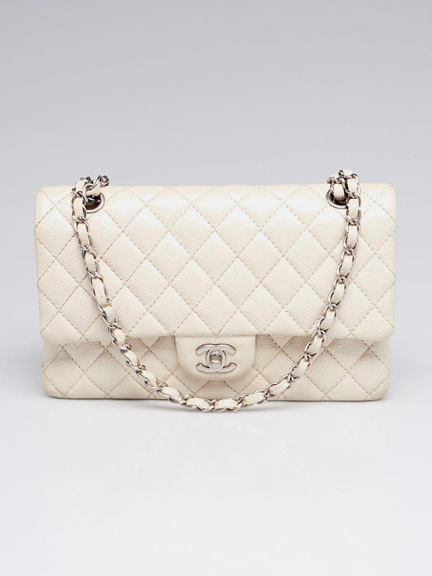 Chanel Metallic White Quilted Caviar Leather Classic Medium Double Flap Bag