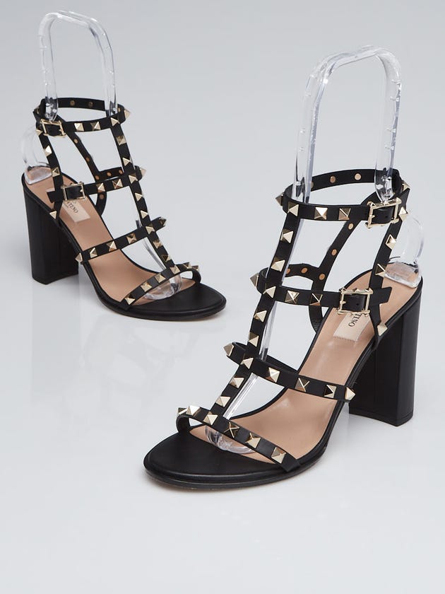 Valentino Black Leather Rockstud Open Toe Heeled Sandals Size 8.5/39