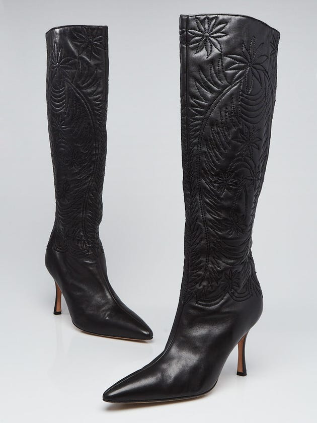 Manolo Blahnik Black Leather Floral Embroidered Granada Tall Boots Size 9.5/40