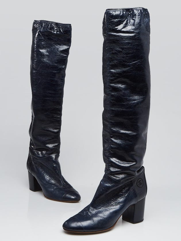 Chanel Blue Distressed Leather Cap Toe Knee-High Boots Size 10/40.5