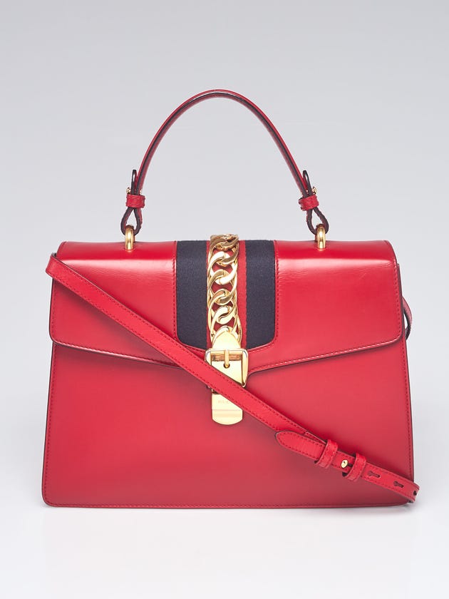 Gucci Red Smooth Leather Calfskin Leather Vintage Web Medium Sylvie Shoulder Bag