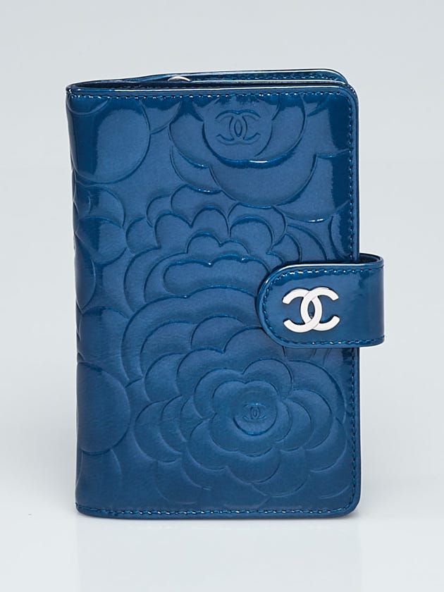 Chanel Blue Patent Leather Camellia Embossed L Zip Pocket Wallet