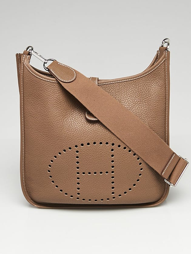 Hermes Etoupe Clemence Leather Palladium Plated Evelyne PM III Bag