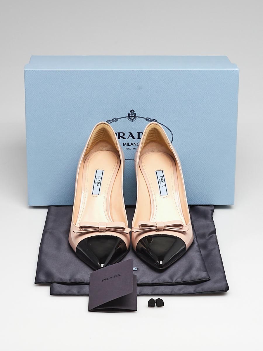 Prada Beige/Black Patent Leather Cap Toe Heels Size 6.5/37
