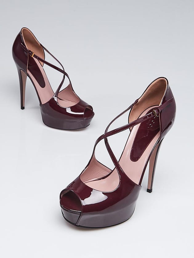 Gucci Burgundy Patent Leather Open Toe Cross Strap Heels Size 8.5/39